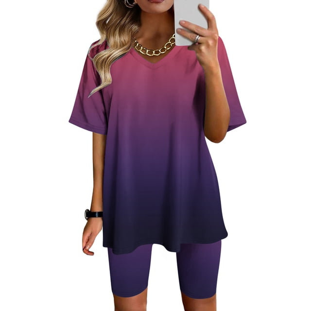 Baikeli Ensembles de Sarraus pour Femmes en Liquidation pour Femmes 2 Pcs Ensembles d'Été Manches Courtes Hauts à Col en V Taille Haute Jogger à Cordon avec Poches Ensembles pour Femmes 2 Pcs