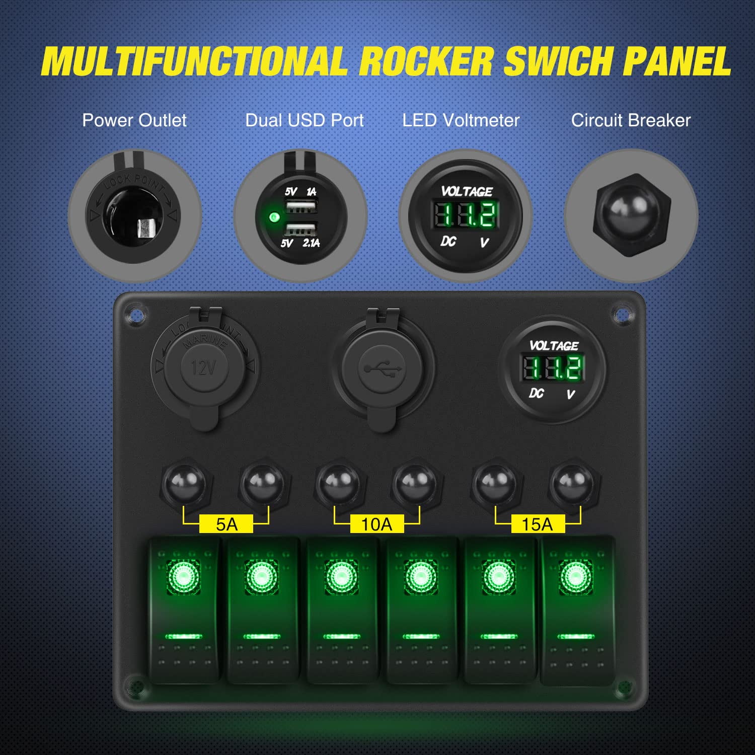 Nilight - 6 Gang ON Off Rocker Switch Panel Green Backlit 12V24V LED Digital Voltmeter Dual USB Charger Cigarette Lighter Socket Overload Protection Switch Panel For Cars RVs Boats