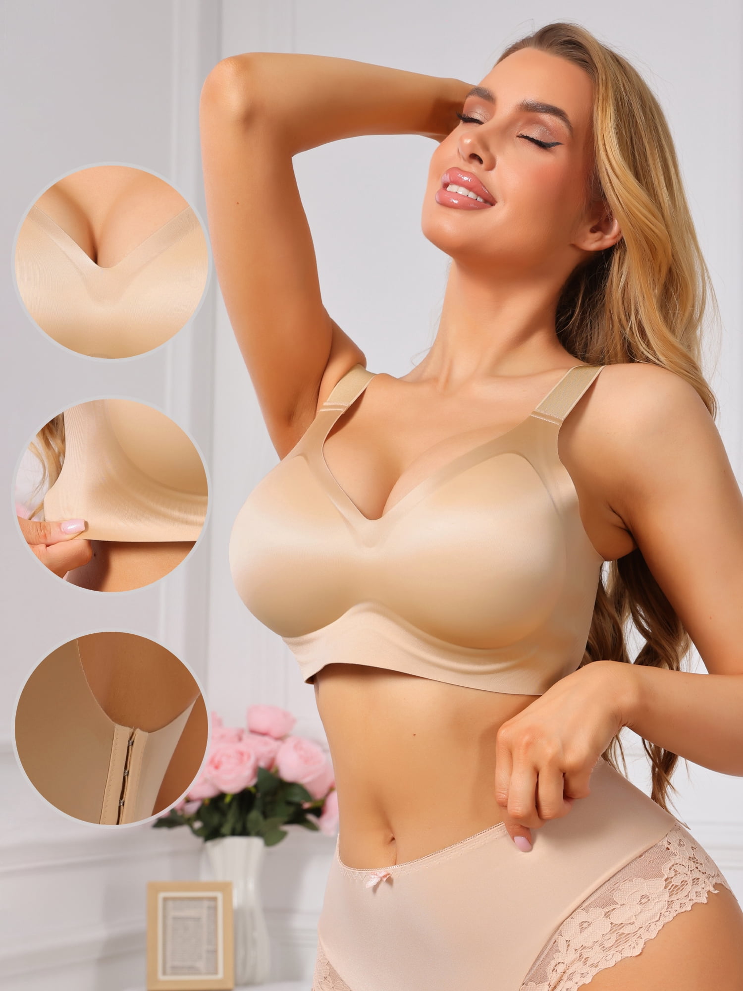 DARING DIVA Women's V Neck Seamless Wireless Wide Strap Soft Minimizer Bra M Beige