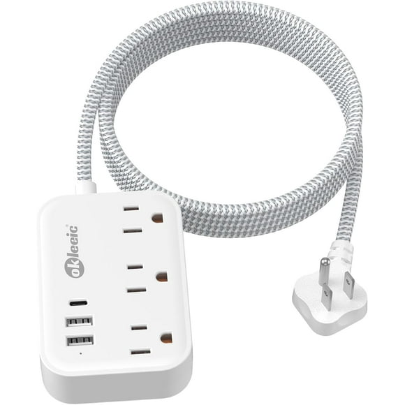 shiyou-Flat Plug Power Strip with USB Ports, 10ft Flat Extension Cord with 3 AC Outlets, 3 USB Ports, Long Extension Cord Outlet Extender Without Protector