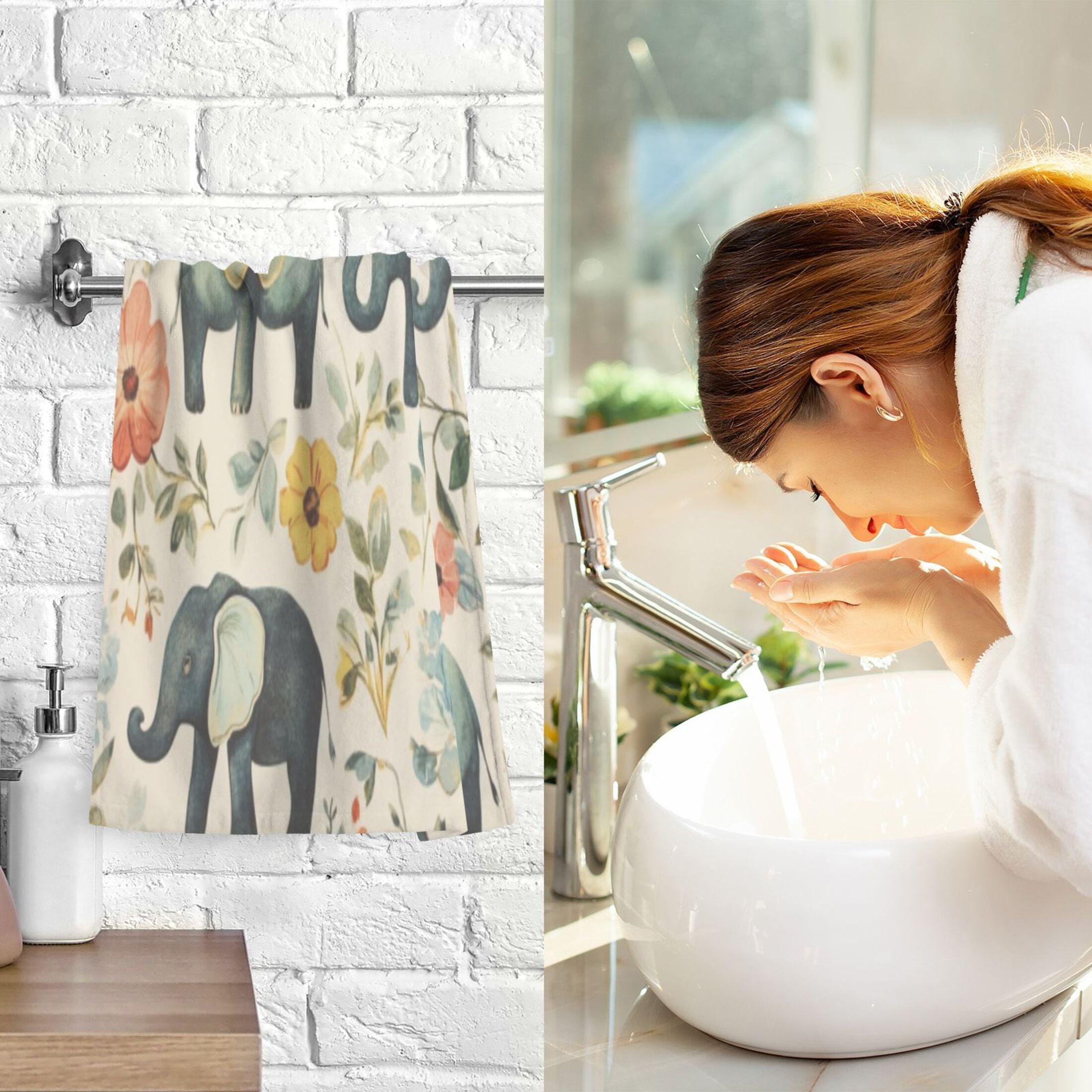 Cotton Towel Two-Piece 16x28 Inch One Sizex2 Face Towel Set Towel Set Cotton Hand Bath Towel Bathroom Beach Green Elephant Pattern