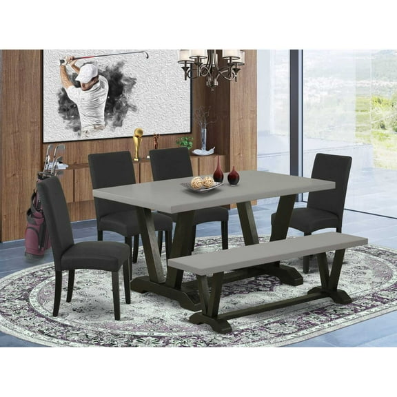 East West Furniture 6-Pc Modern Dining Set- 4 Dining Padded Chairs with Black Linen Fabric Seat and Stylish Chair Back - Rectangular Top & Wooden Legs Dining Table and Kitchen Bench - Cement and...