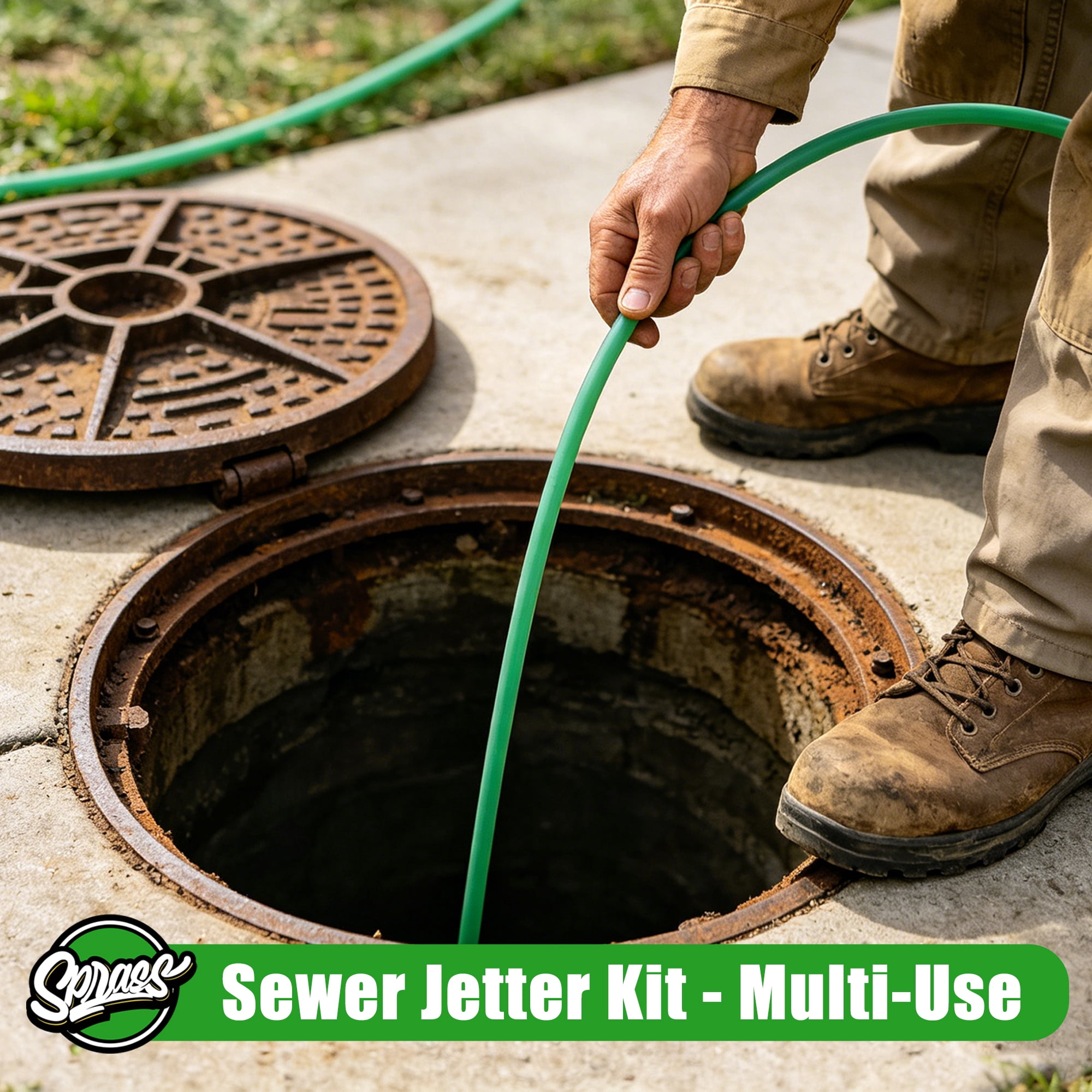 Sewer Jetter Kit for Pressure Washer, 50FT High Pressure Drain Cleaning Hose with Rotating, Corner & Button Nozzles, 5800 PSI Water Jet Sewer Cleaning Tool