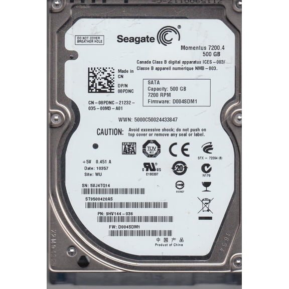 ST9500420AS, 5VJ, WU, PN 9HV144-036, FW D004SDM1, Seagate 500GB SATA 2.5 Hard Drive