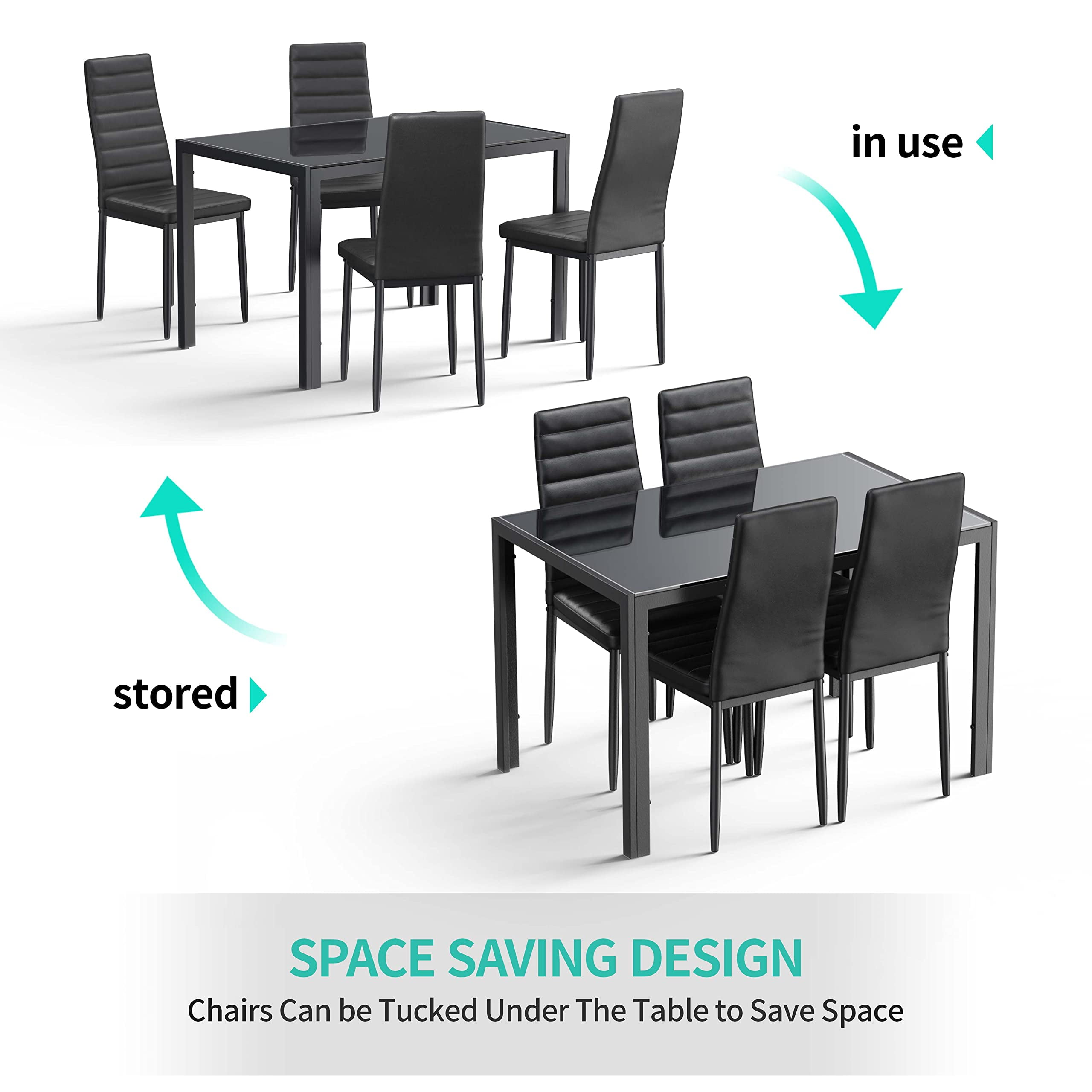 Lofka Glass Dining Table Set for 4, Dining Room Sets with 4 Back Support Chairs for Dinner, Black