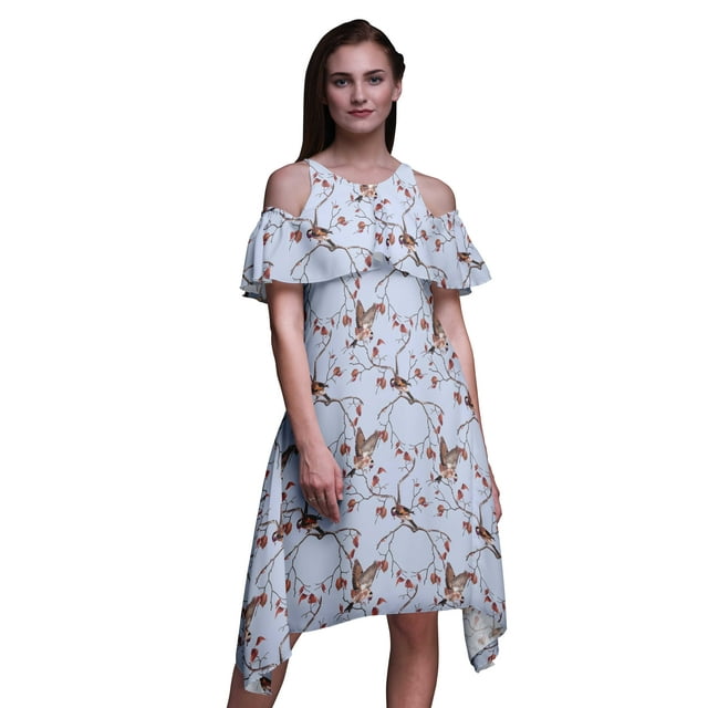 Bimba Blue Bird Printed Womens Ruffle Front Cold Shoulder Swing Shift Dress - XX-Large