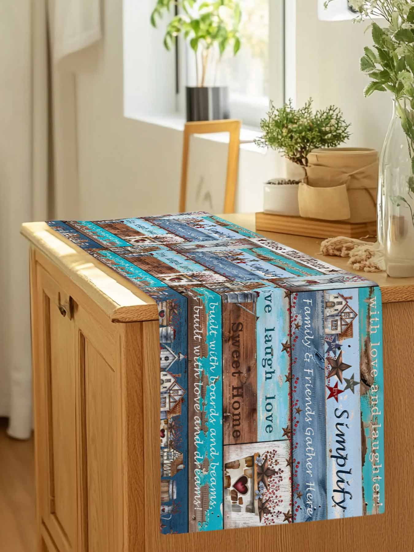 Star Bless This Home Star Table Runner 90 Inches Long, Vintage Watercolor Farm Wood Grain Table Runners Tabletop Scarf Kitchen Dining Tables Decoration for Home Party Indoor Outdoor