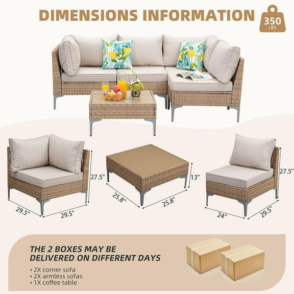 5-Piece Outdoor Furniture Set, Beige Rattan Sectional with Coffee Table, Thick Anti-Slip Cushions for Backyard Deck Porch