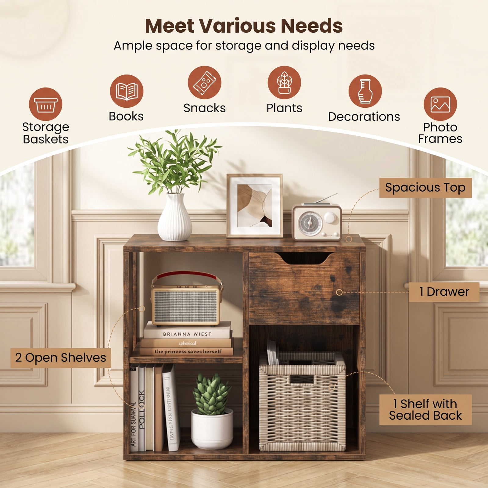 Furnibear 3-Cube Bookcase 2-tier Wooden Storage Shelf with Pull-out Drawer for Living Room Home Office Bedroom Display Storage Shelf, Brown