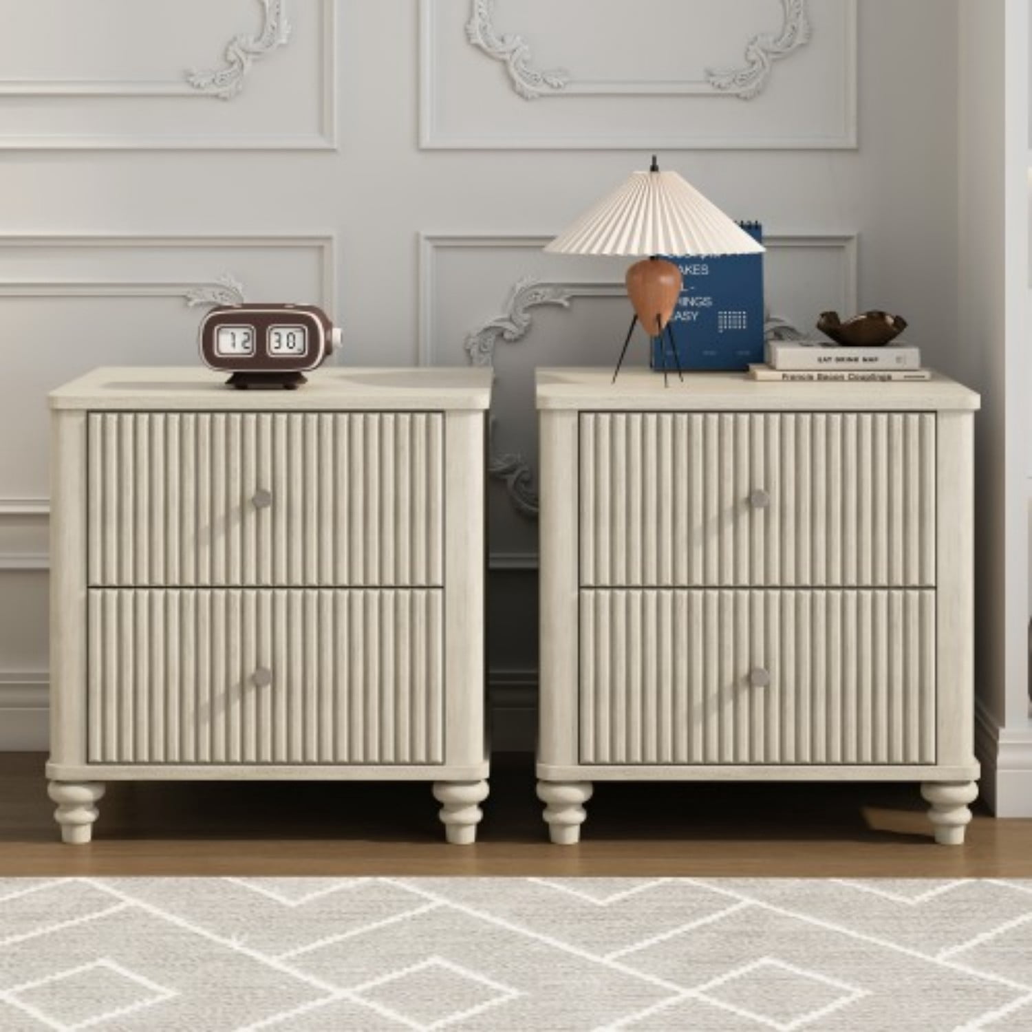 Fluted Nightstand Set of 2, 21.65" Wide Mid Century Modern Bedside Table with 3 Drawers, Wood Storage End Table with Metal Handles for Bedroom Living Room, Beige