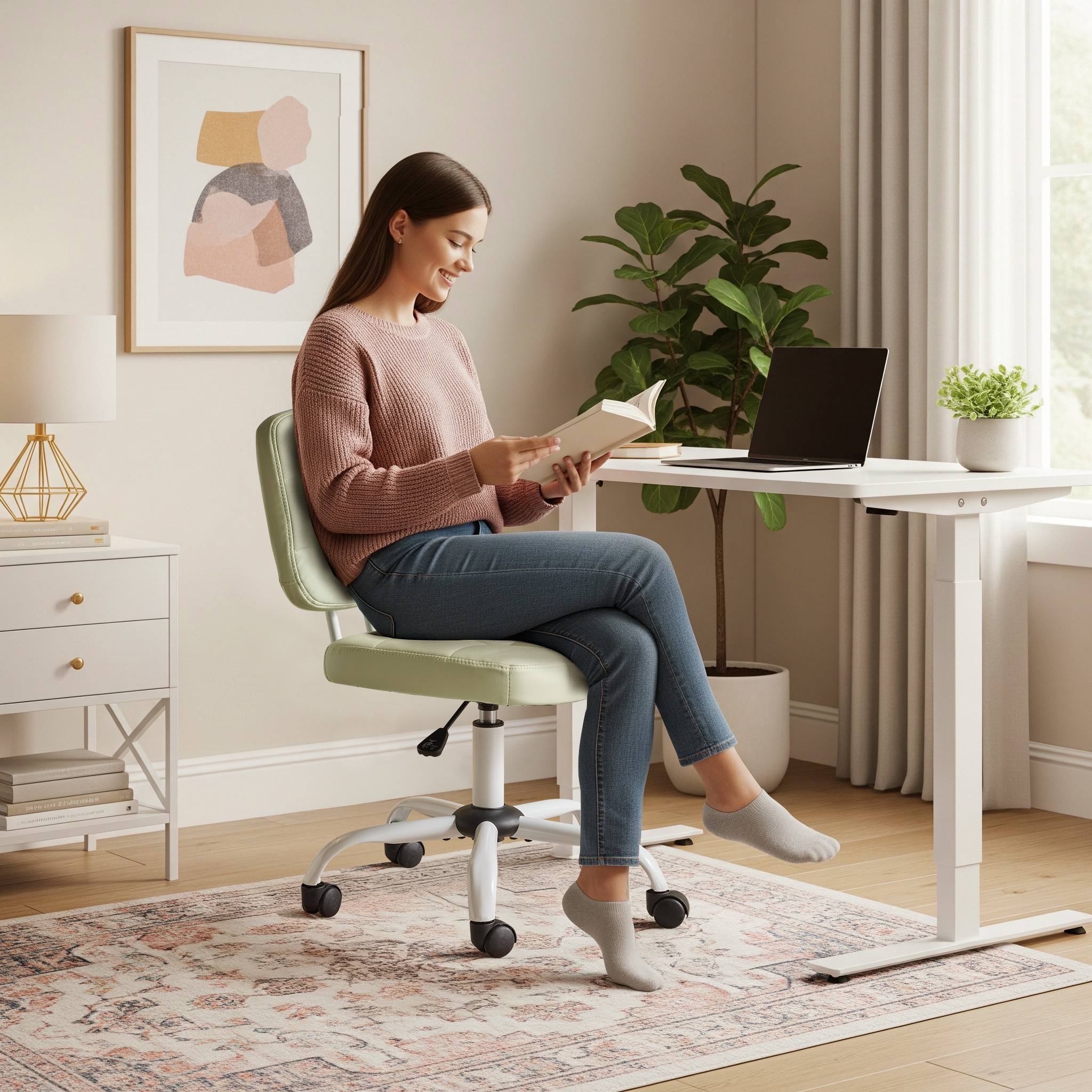 Ktaxon Armless Office Chair with Star Base PU Swivel Task Chair with 9-Grid Design for Study Room or Dressing Area Green