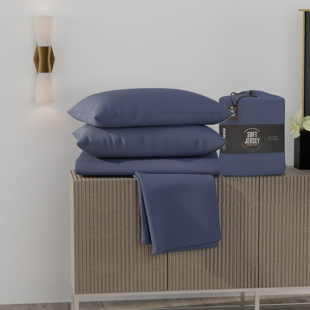 Ensemble de Draps en Jersey Tricoté Super Doux et Confortable, Grand, Marine de Minuit par Color Sense
