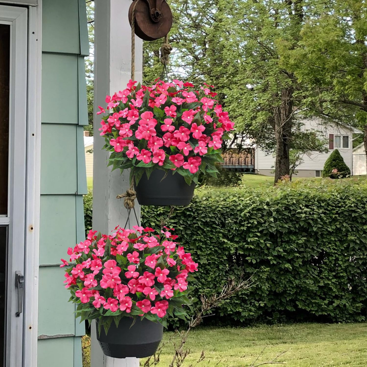 8 Bundles Artificial Impatiens for Outdoors UV Resistant Artificial Outdoor Flower Bouquet Fake Flowers Faux Plants Silk  Window Box Planter Decor(Rose Red)