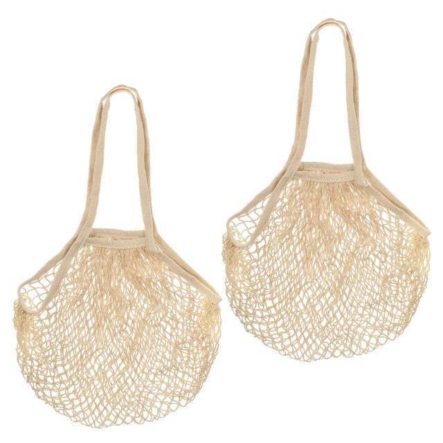 Unique Bargains Cotton Mesh Bag, 14.96x12.2' Long Handle Reusable Mesh Net String Grocery Bags Organizer Beige White 2Pcs