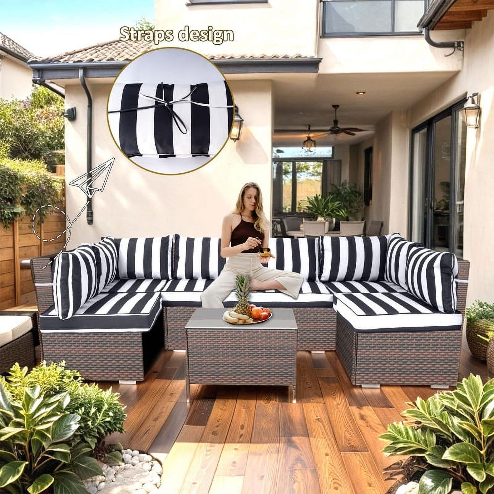 Outdoor Replacement Cushions for Patio Furniture,14-Piece Patio Water-Resistant Replacement Sofa Cushions Fits 6-seat Sectional Rattan Conversation Set,Liner&Cover