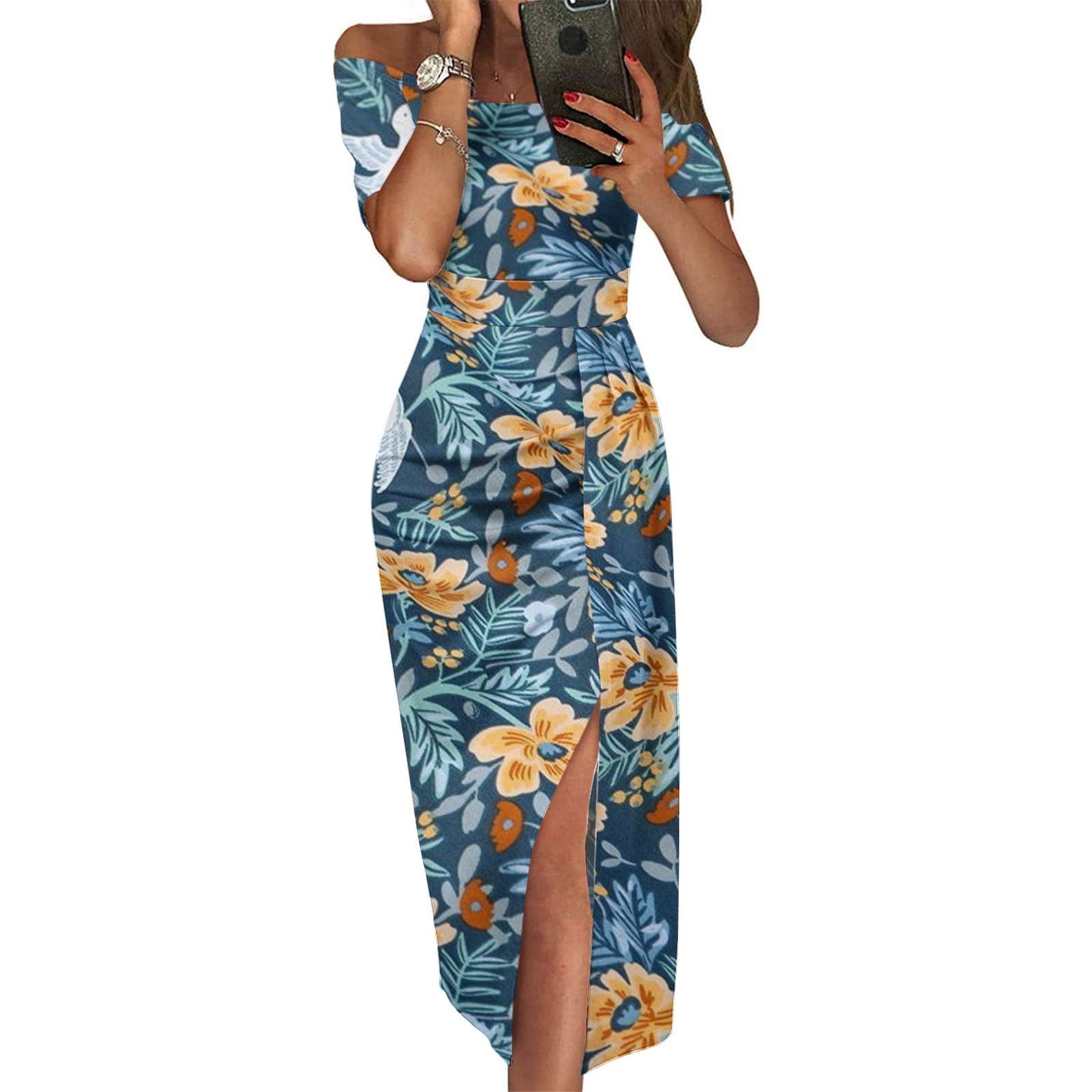Dyegold Women's Bodycon Midi Dress Ruched Off Shoulder Short Sleeve Side  Slit Tropical Print Elegant Cocktail Party Dress - Walmart Business Supplies