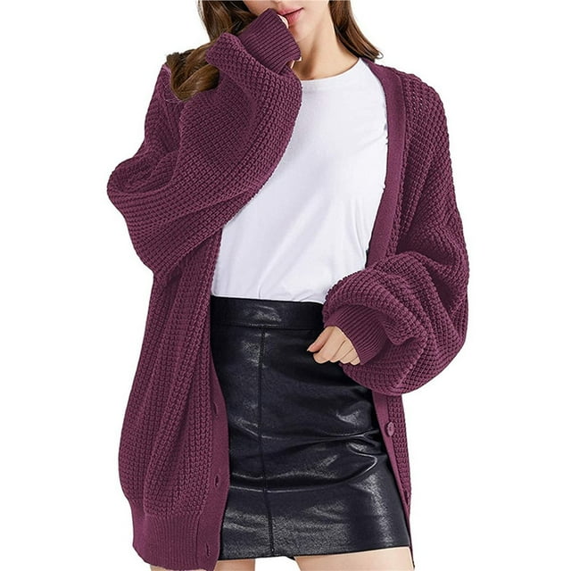 Cárdigan de Punto Grueso para Mujer, Larga, Cuello en V, Botones, con Bolsillo, para Otoño e Invierno Púrpura M