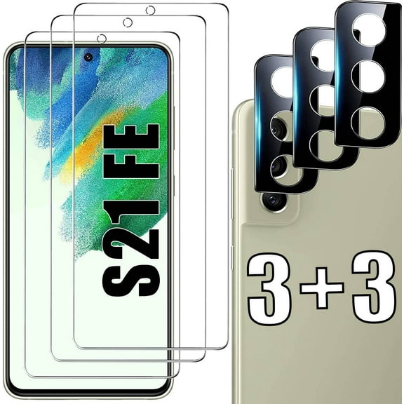 Glass Screen and Camera Protector for Samsung Galaxy S21 FE - 3 Screen Protectors   3 Camera Protectors, Supports Fingerprint