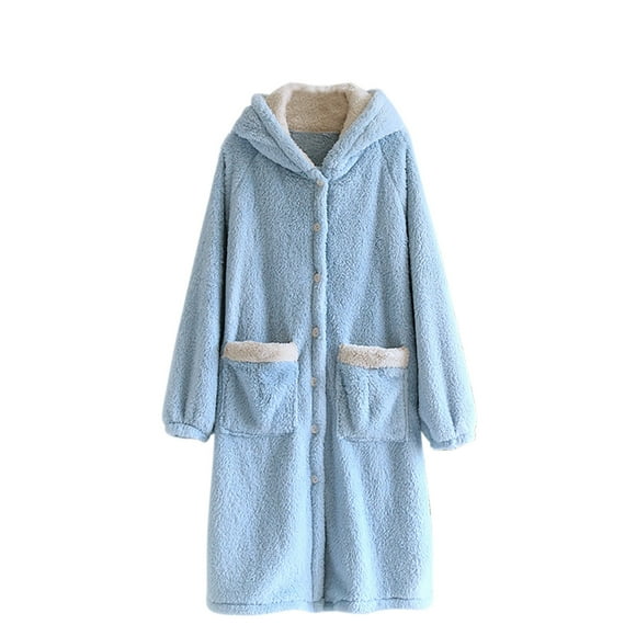 Womens Fleece Hooded Robe,Cozy Winter Long Bathrobe,Nightgown Robes Button Front Homecoat Loungewear with Pockets S-49 Blue L