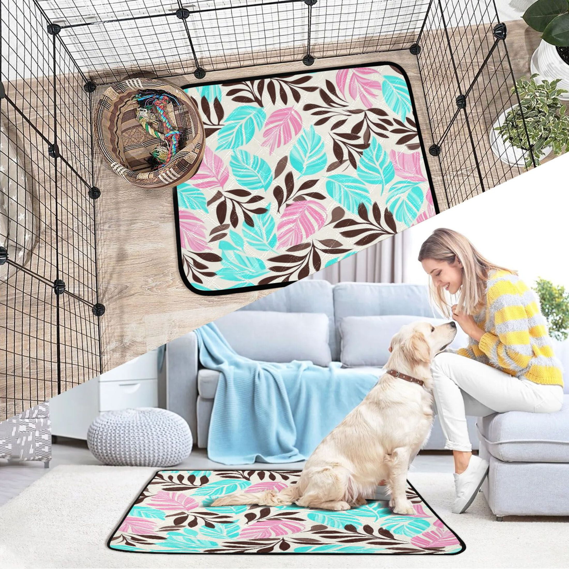 Washable Pet Pee Pads with Super Absorbent Reusable Training Pads for Dogs & Cats Turquoise and Brown Leaf Seamless