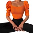 thumbnail image 1 of Camiseta informal con manga abombada y cuello redondo para mujer, camiseta ajustada acanalada de color puro, Top naranja S, 1 of 7