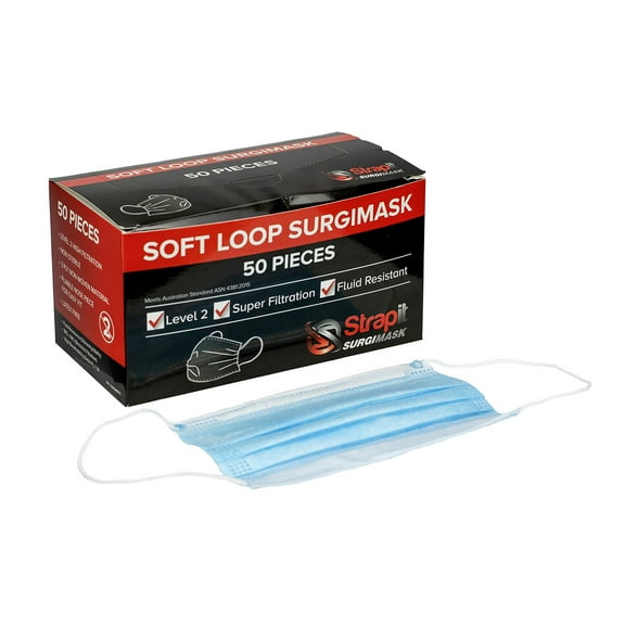 Strapit Surgimask Face Masks, 3 Ply Disposable with Ear Loops, ASTM Level 2, Box of 50
