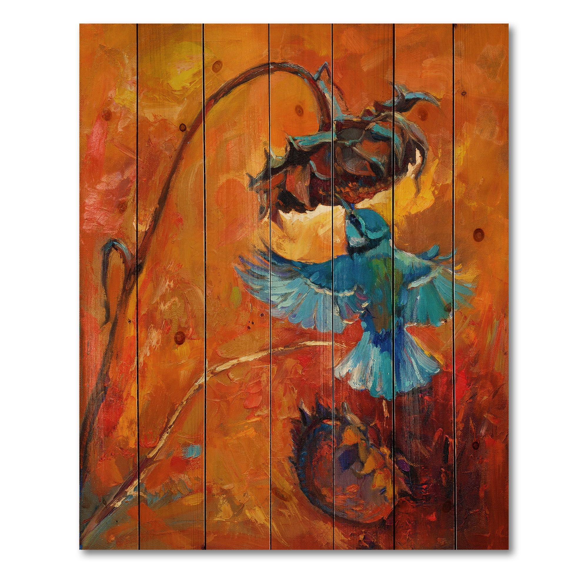 Designart 'Blue Hummingbird On Orange Sunflower' Traditional Print on Natural Pine Wood