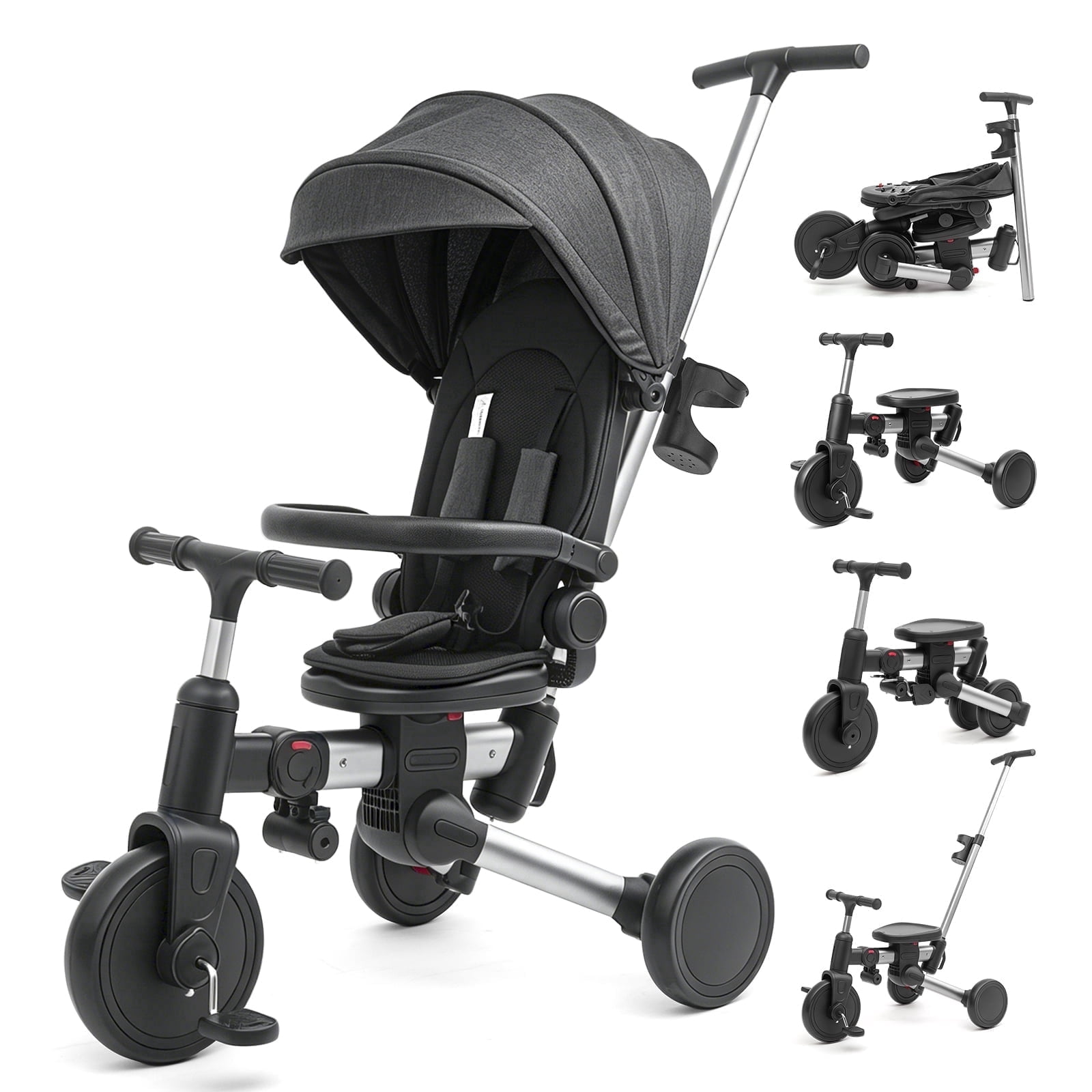 KORIMEFA 9-in-1 Foldable Toddler Tricycle Stroller with Parent Push Handle 360° Rotatable Seat for Boys Girls 6 Months to 3 Years, Black