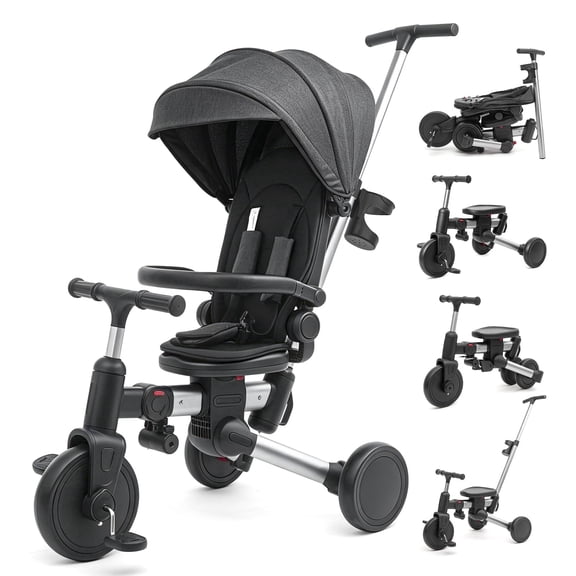 KORIMEFA 9‑in‑1 Foldable Kids Tricycle with Parent Push Handle, Convertible Stroll Trike with Removable Canopy, Ride Trike for Toddler 6 Months-3 Years, Black