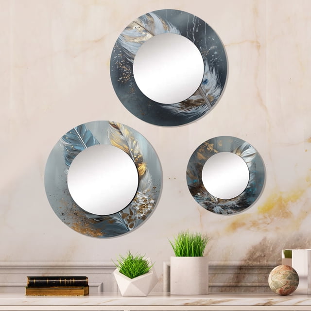 Designart "Peather Wanderlust Gold III" Miroir Rond à Plumes Glam Lot de 3 - Miroir Mural Rond pour Bureau