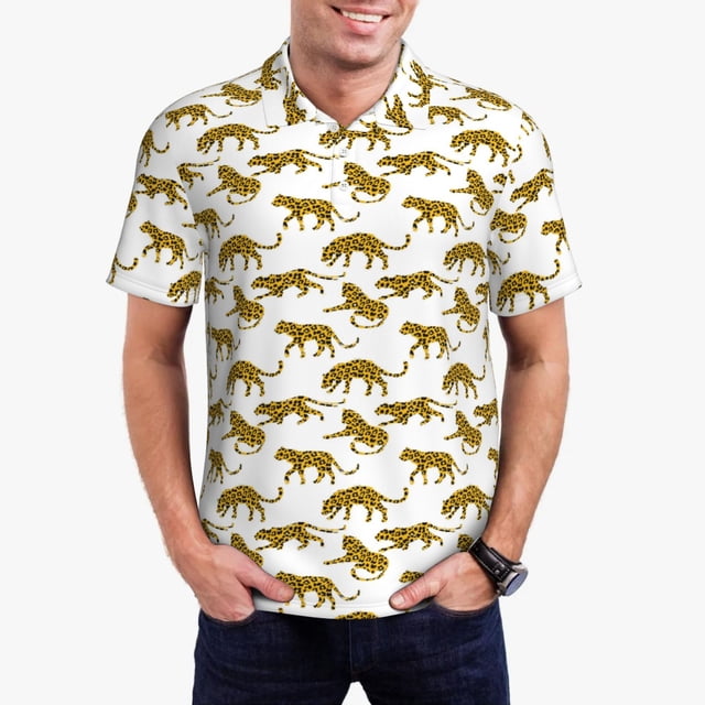 Fotbe Leopard Print Camiseta Polo de Golf para Hombre con Estampado – Camisa Deportiva Transpirable con Cuello Abotonado-3X-Large