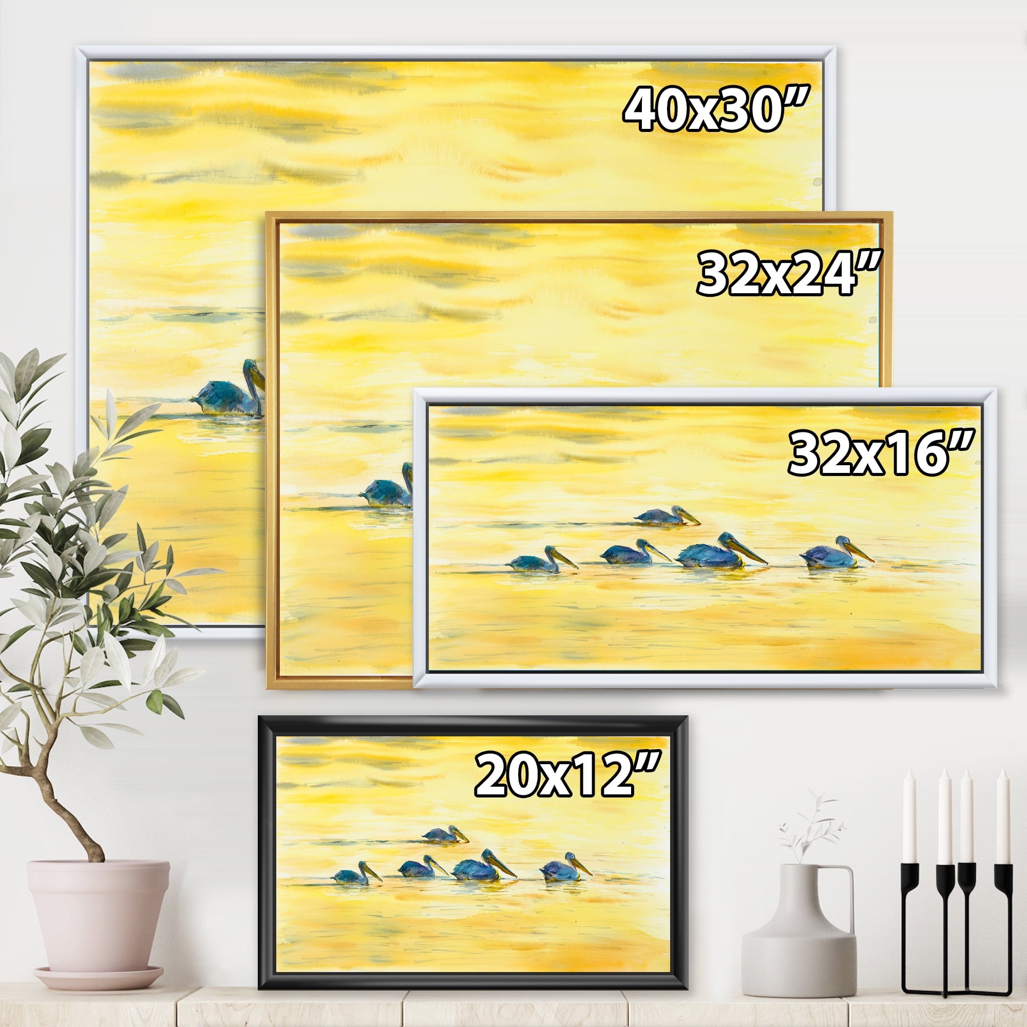 Designart 'Pelicans Birds On The Yellow River' Farmhouse Framed Canvas Wall Art Print