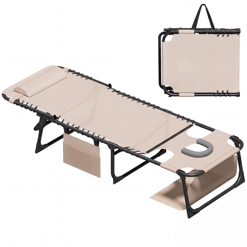 Lacoo Teslin Foldable Lounge Chair, Outdoor Chaise Lounge with Sauna, 5-Position Adjustable Beach Chair, Beige