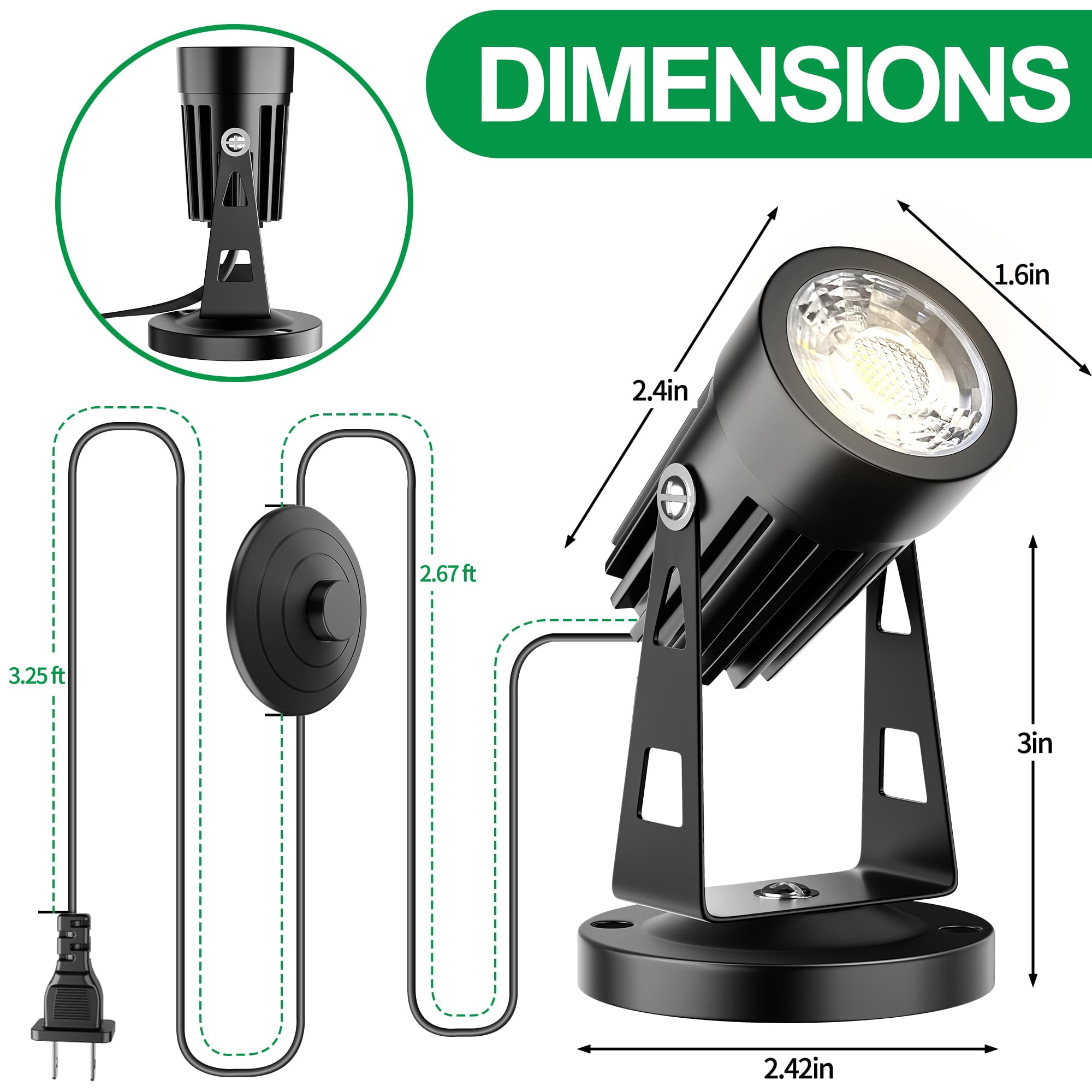 Indoor LED Uplighting Indoor 3W Up Lights Floor Spotlight 3000k Warm White Plant Spotlight Indoor 5.9 FT Cord with Foot Switch