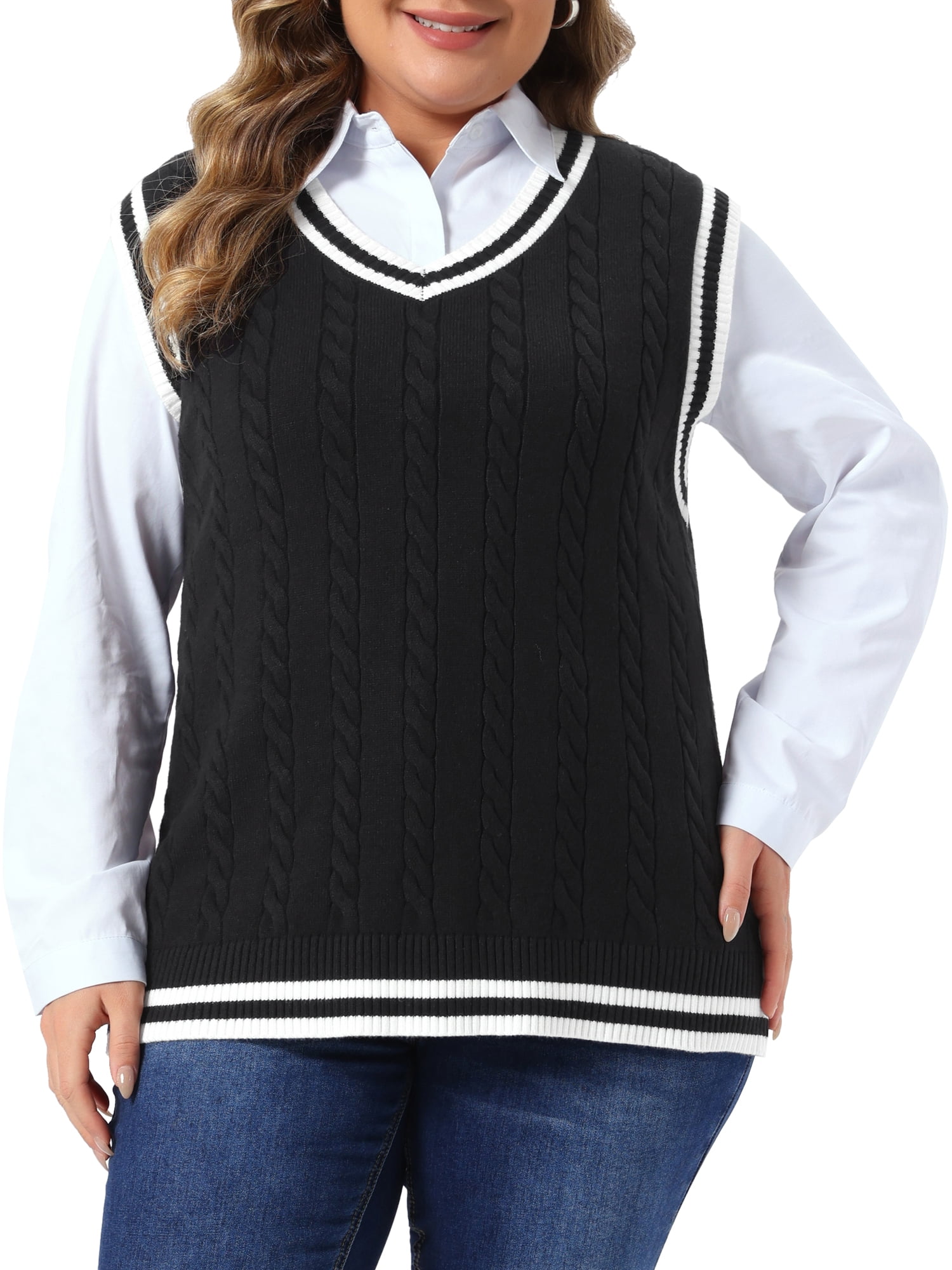 DARING DIVA Women's Plus Sweater V Neck Sleeveless Preppy Vest 3X Black