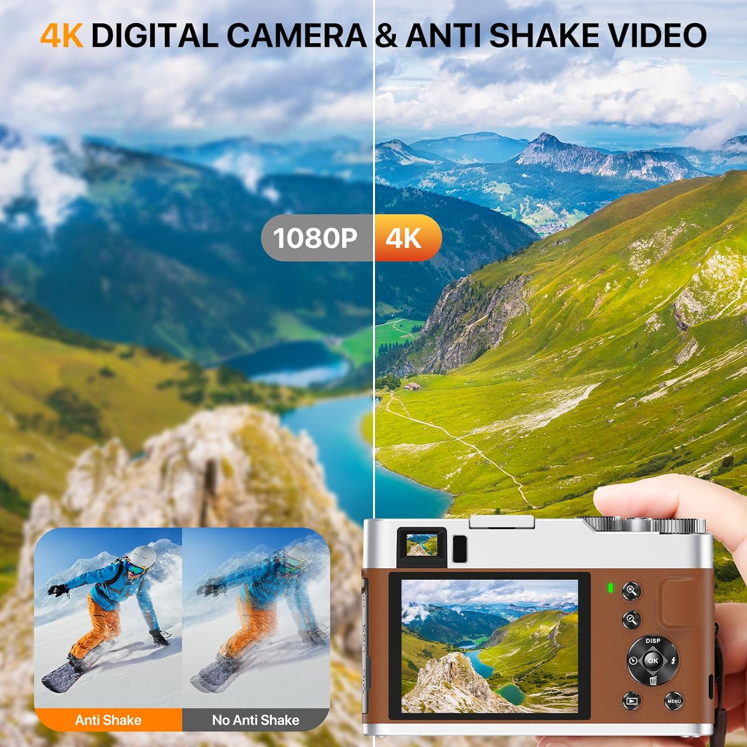 4K Vlogging Camera with Flash Viewfinder & Dial-48MP Digital Video Camera for YouTube with 32GB Card 16X Autofocus Anti-Shake Cameras for Photography (2 Batteries)