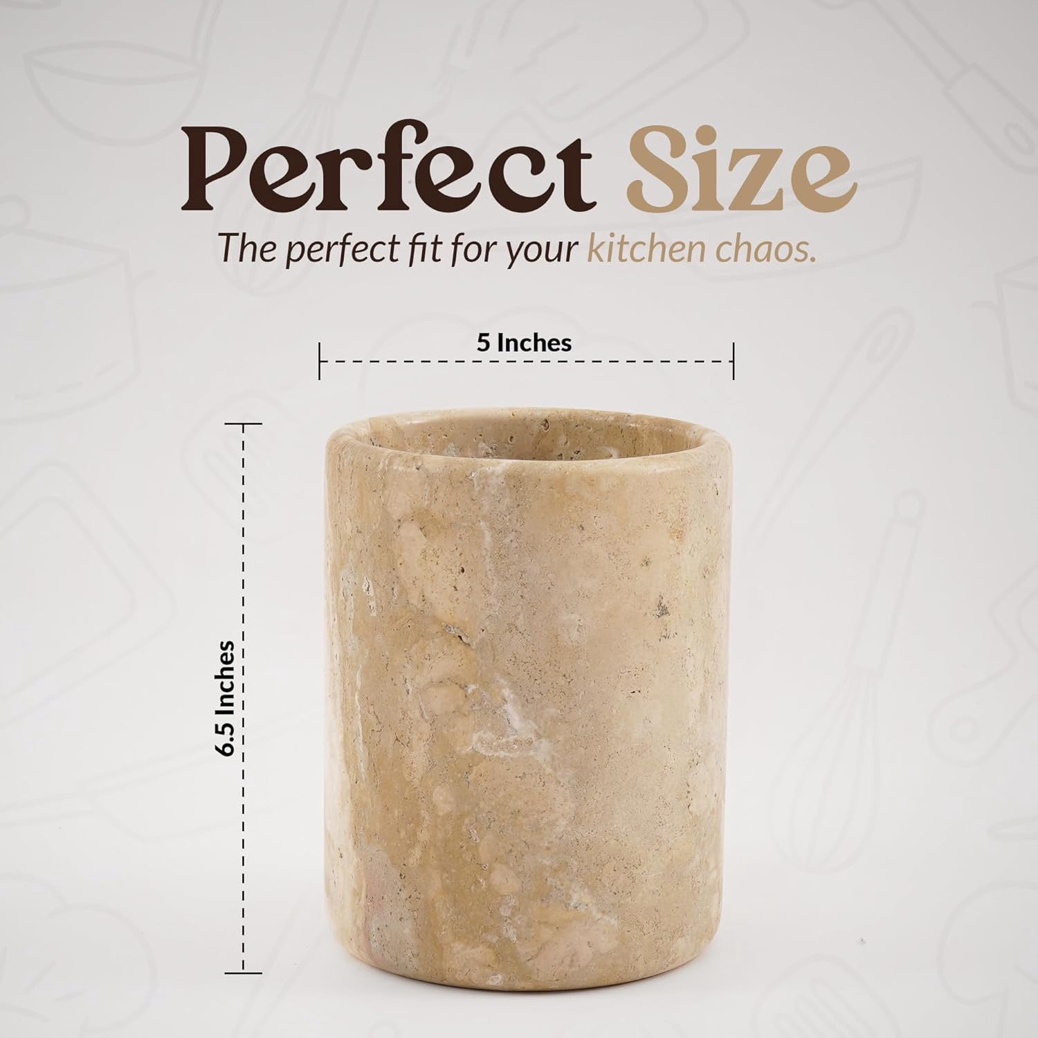 Radicaln Travertine Marble Utensil Holder 6.5" Beige Handmade Kitchen Utensil Organizer – Elegant Cooking Utensil Holder and Spoon Holder for Countertop, Durable Utensil Caddy & Modern Kitchen Décor