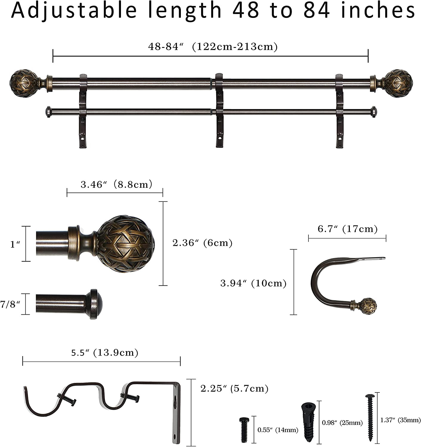 eTeckram 1" Double Curtain Rod with Pompeii Bronze Geo Ball Finials and holdbacks, 48" to 84"