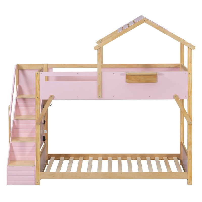 Twin Over Twin House Bunk Bed with Stairs, 3-Color LED Lights and Storage Shelf, Wooden Bunk Bed Frame with Guardrails and Roof Frame for Kids Bedroom