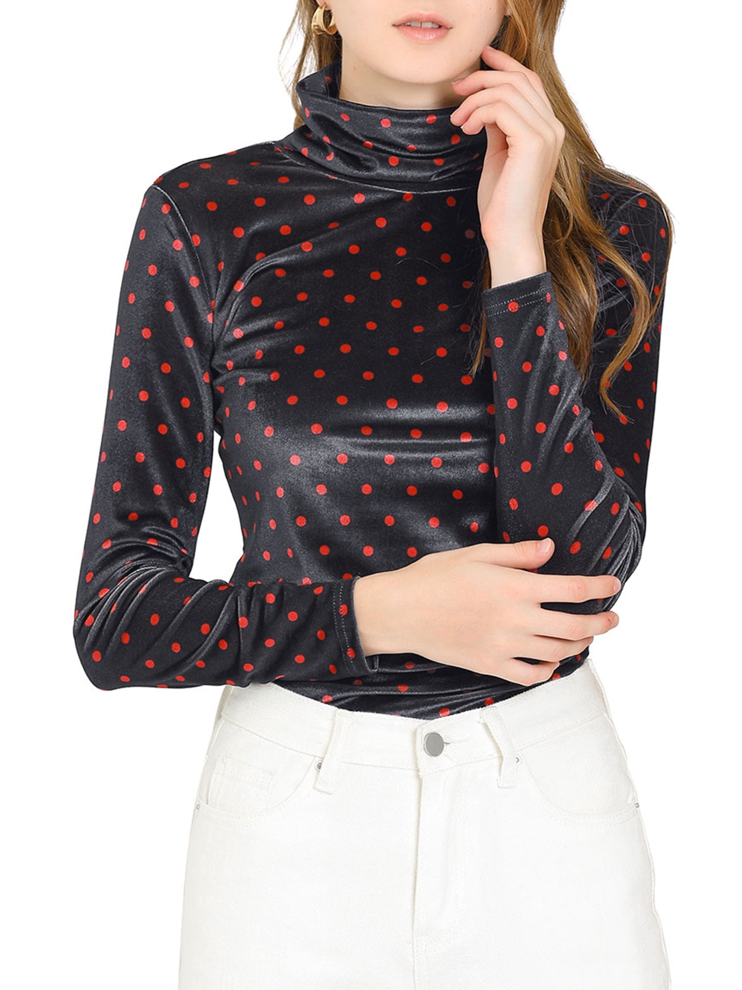 Allegra K Women's Polka Dots Turtle Neck Long Sleeve Velvet Top -  Walmart.com