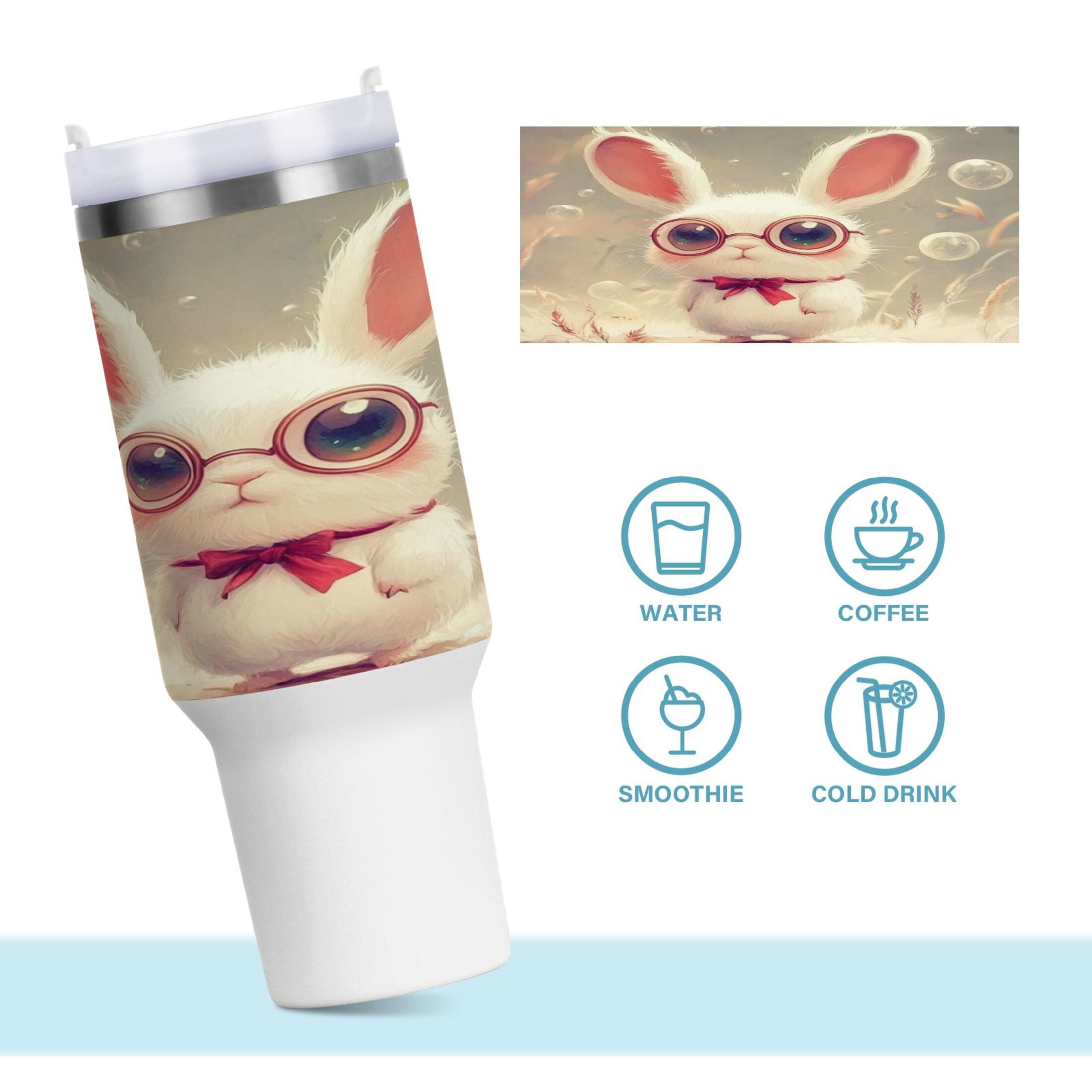 40 Oz Car Handle Water Bottle Water Cup Water Bottle Water Jug Coffee Cup Travel Water Bottle Cartoon Rabbit with Glasses