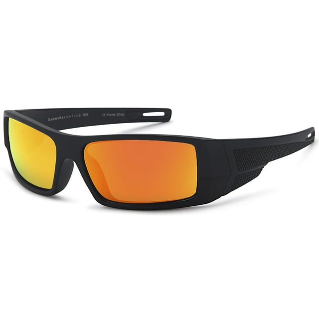 GAMMA RAY Polarized Wrap Around Sports Sunglasses with Shatterproof Nylon Frame - Black Frame Mirror Orange Lens