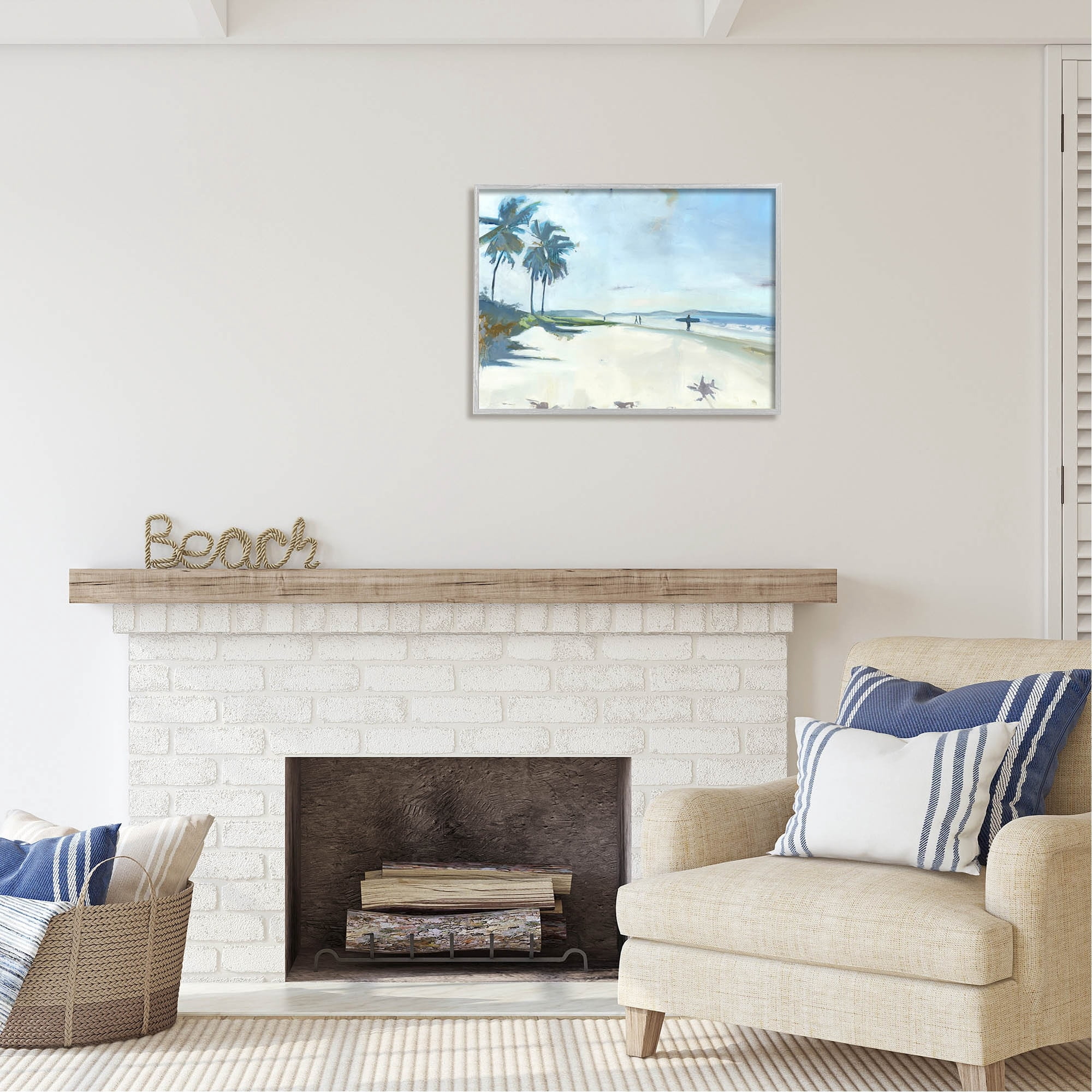 Stupell Industries Tropical Blue Beach Scene Surfers Coastal Painting Gray Framed Art Print Wall Art