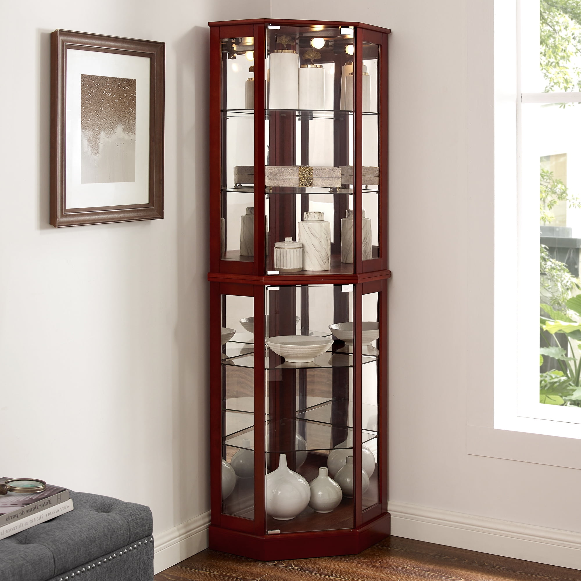 Miniyam 6 Shelf Corner Curio Display Cabinet with Lights, Glass Doors, Cherry