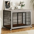 thumbnail image 3 of Waleaf Wooden Dog Crate Furniture with Cushion, Double Doors Wooden Dog Kennel Indoor with Wheels, 3 of 8