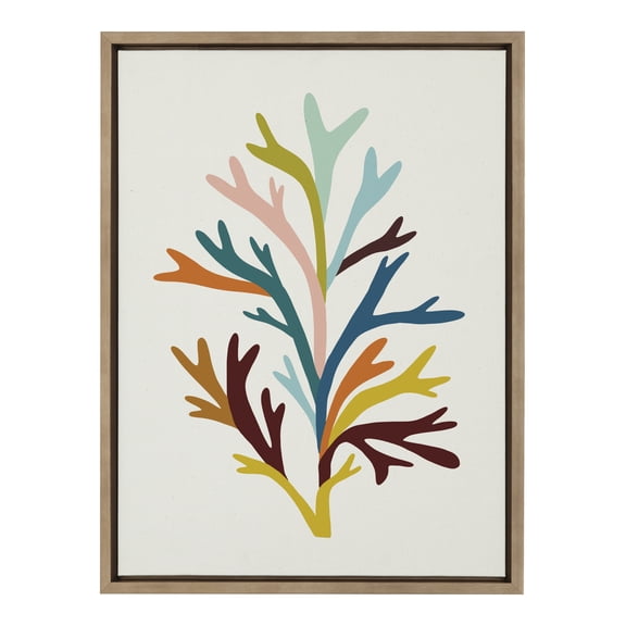 Kate and Laurel x Alicia Schultz Collaboration Sea Plant Framed Linen Textured Canvas Wall Art, 18x24 Gold, Decorative Coastal Art, Colorful Ocean Coral