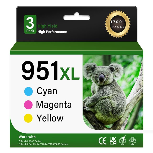 cartuchos de tinta kimveway 951xl compatibles con hp 951, paquete de 3 compatible con HP OfficeJet — Empaque frontal con '951XL' grande y puntos de color Cian, Magenta y Yellow; caja verde y blanca con foto de un koala, sellos CE/ISO y nota de rendimiento de 1500 páginas por cartucho según especificaciones.