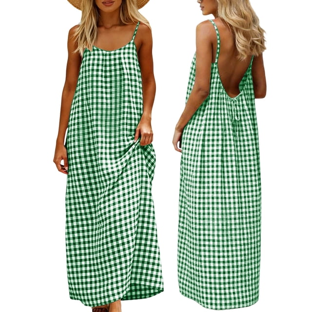 Amzcrzy Robes pour Femmes Mode à Carreaux Sans Manches Robes Maxi Été Col Rond Bretelles Spaghetti Robe de Vacances Confortable Dos Nu Robe Soleil 2TG