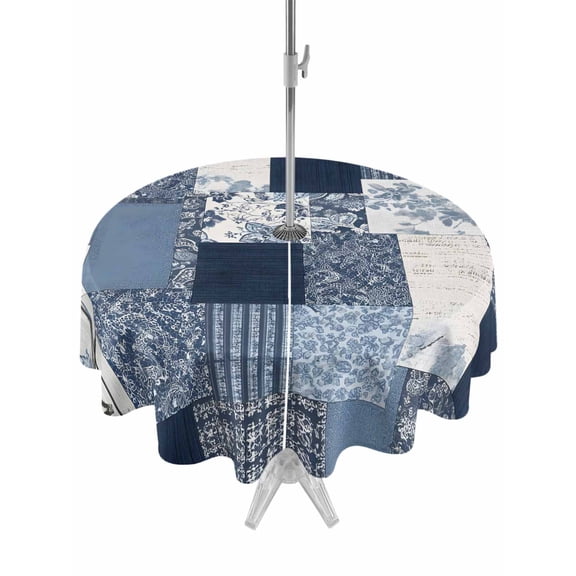 Outdoor Tablecloth with Umbrella Hole for Patio/Picnic/Party/Camping, Navy Blue Checkered Waterproof Table Cloth Round Cover Washable, Vintage Floral Abstract Art (Dia 60")