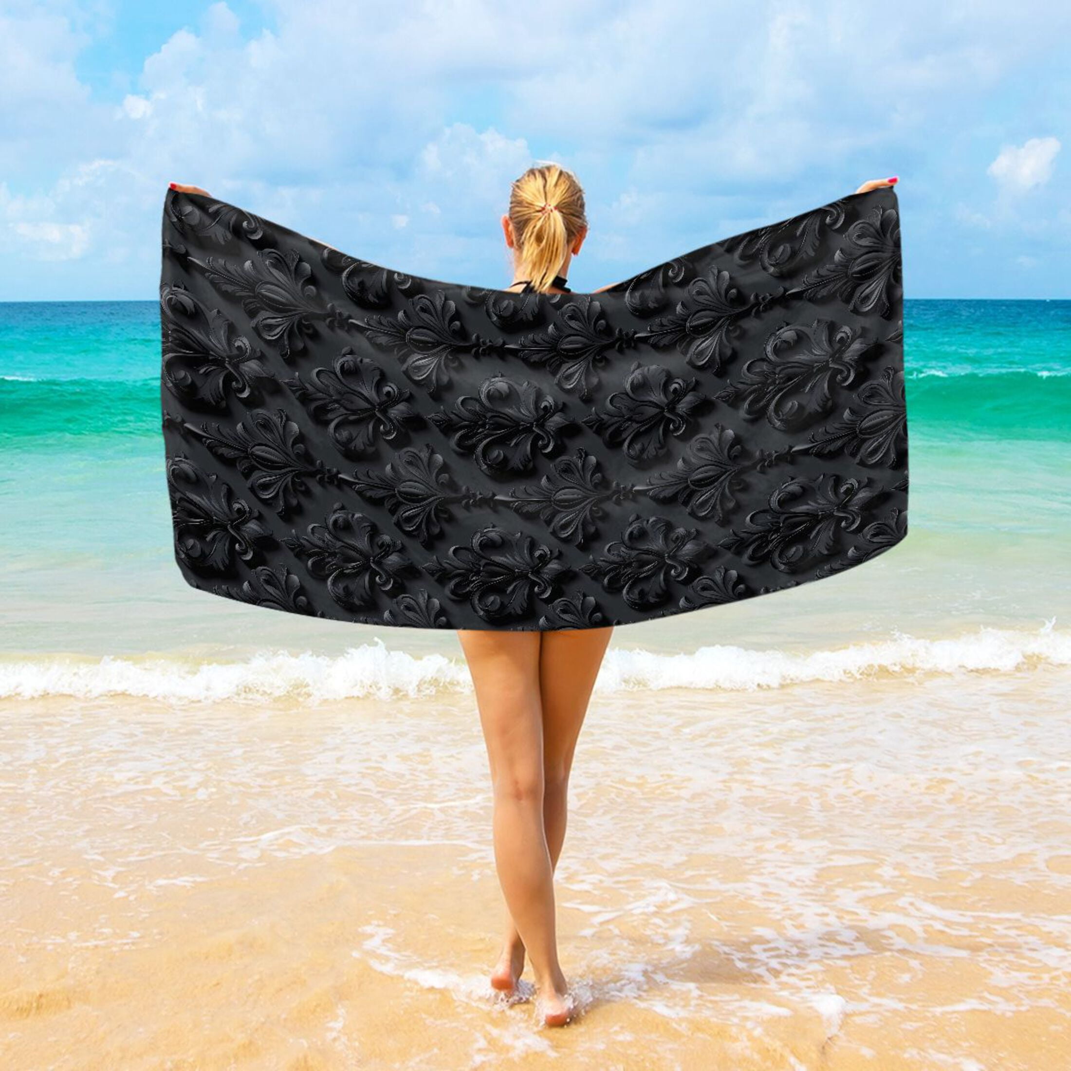 Oversized Beach Towel Extra Large Absorbent Microfiber Bath Towels Soft Quick Drying 3d Dark Black Damask 74"x37"